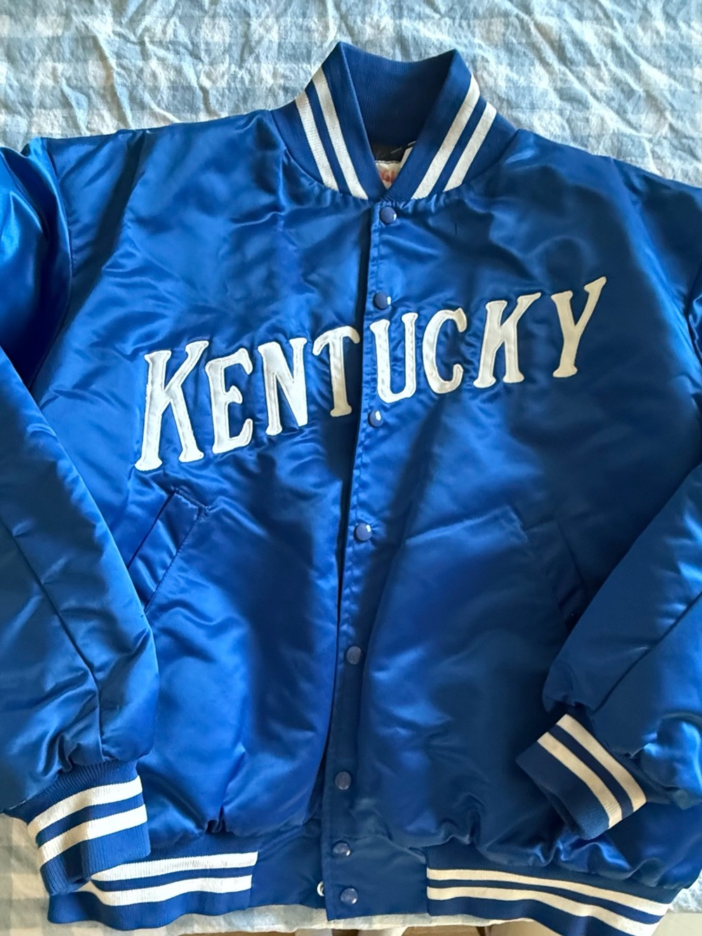 Vintage Kentucky Satin Bomber Jacket in Royal Blue with White Lettering